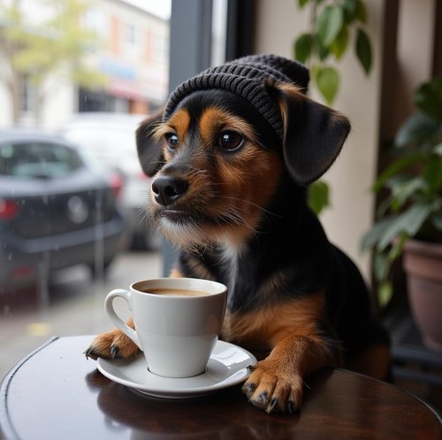 Sawyer, a small black and tan dog in a knit beanie, sitting at a cafe table behind a cup of coffee